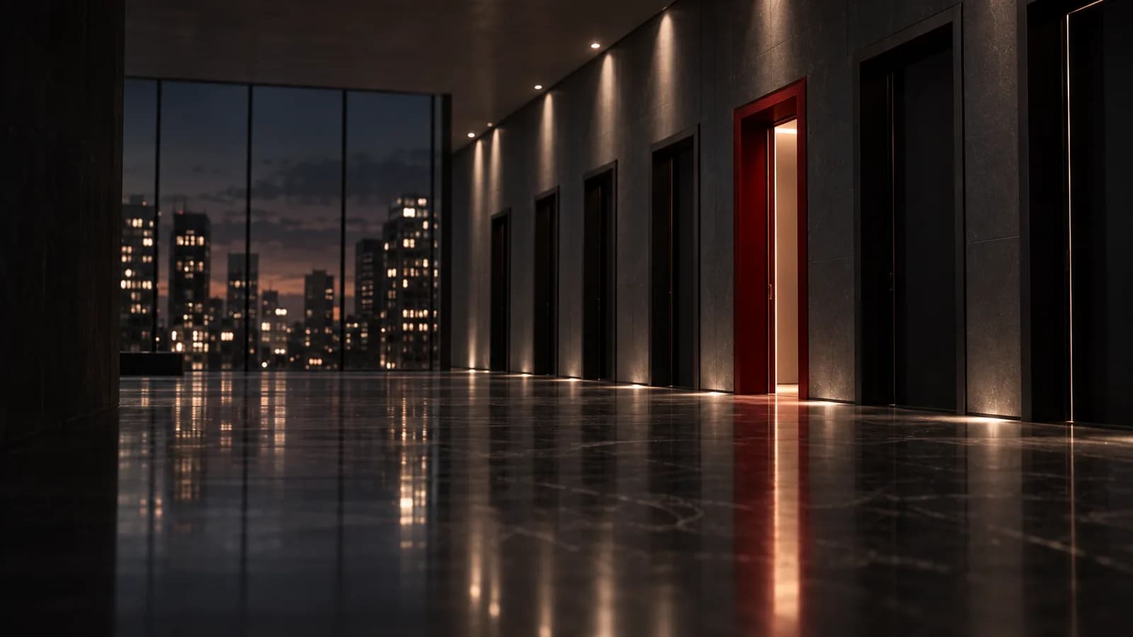 A quiet architectural corridor lined with similar doorways and one lit doorway with a red frame, representing the comparison of management consulting firms in Saudi Arabia