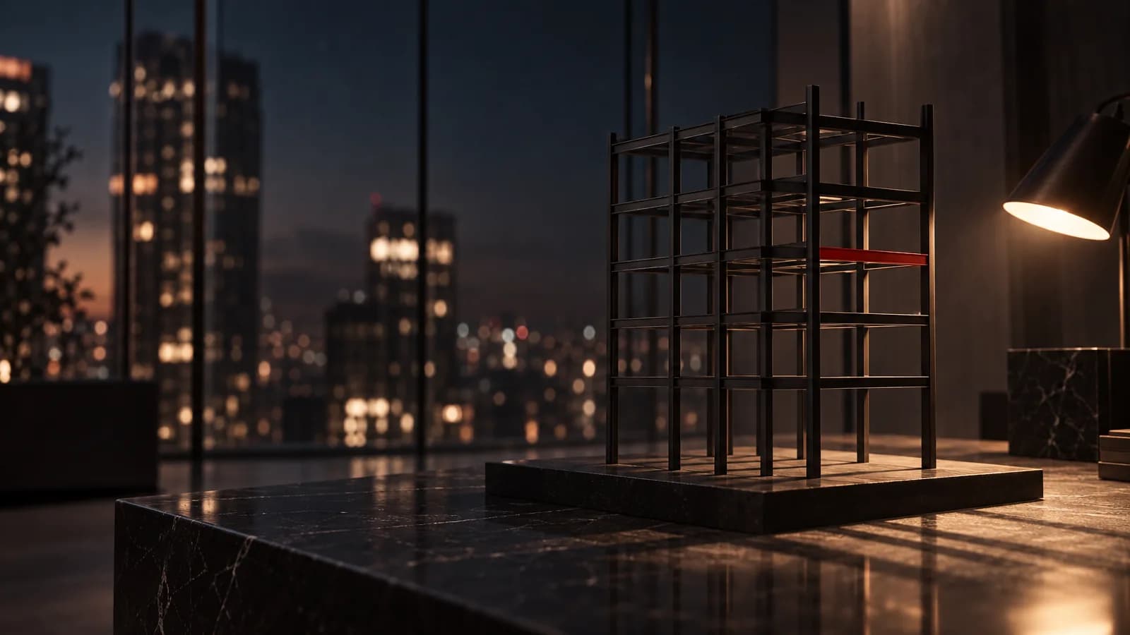 An architectural model of a building frame with black beams and one red beam on a dark table, representing organisational structure and the delegation of authority matrix