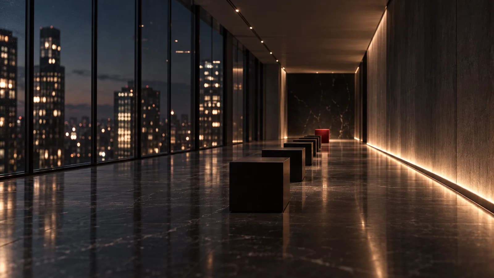 A quiet architectural corridor with black blocks in a neat row ending in one red block, representing business process automation built on orderly processes
