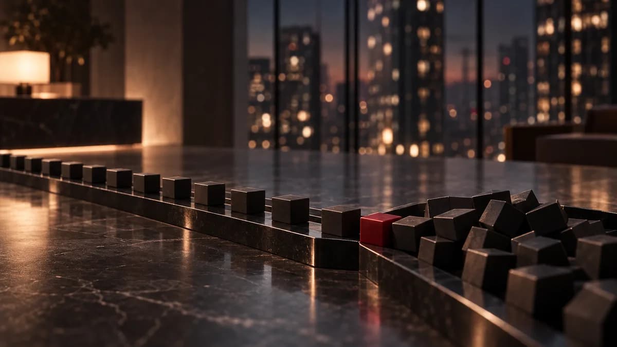 An architectural model of a track where black cubes travel in an orderly line, then pile up at a narrow point with one red cube stuck at the front, representing automation applied to a disorganised process