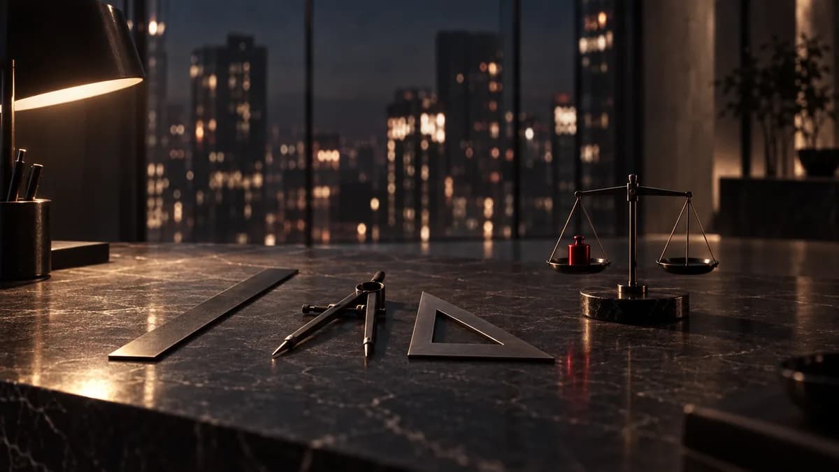 Drafting and measuring instruments on a dark stone table: a ruler, a compass, a set square and a small balance scale holding one red weight, representing a comparison of consulting firms against the same criteria