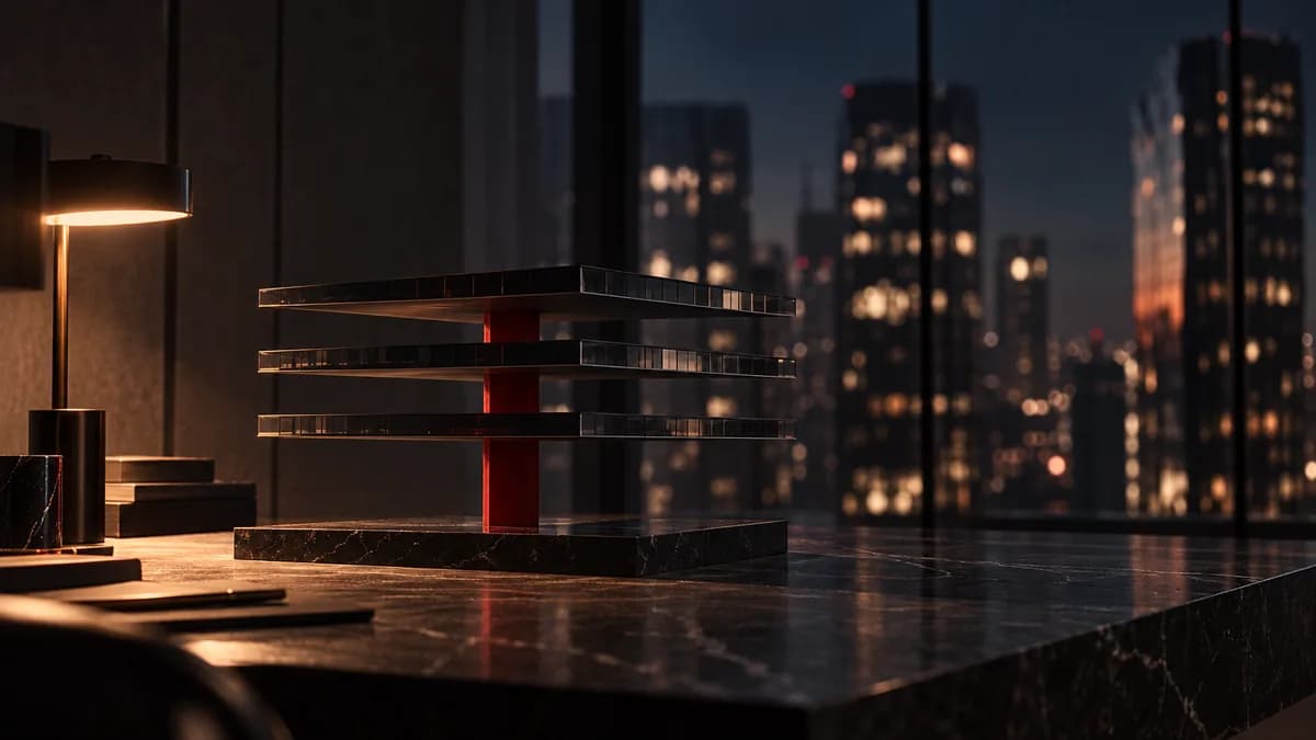 An architectural model of three wide black floor plates all resting on a single red column in the middle with no other supports, representing a company whose operation rests on one person