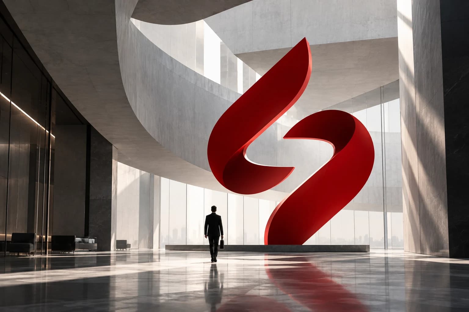 A red sculpture of the SELA mark in a modern lobby