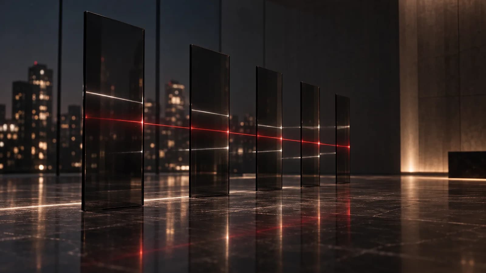 ألواح زجاجية داكنة متوازية تمر عبرها خيوط ضوء دقيقة، وخيط أحمر واحد يصل بينها، تعبيرًا عن اختيار شريك من بين شركات الذكاء الاصطناعي في السعودية