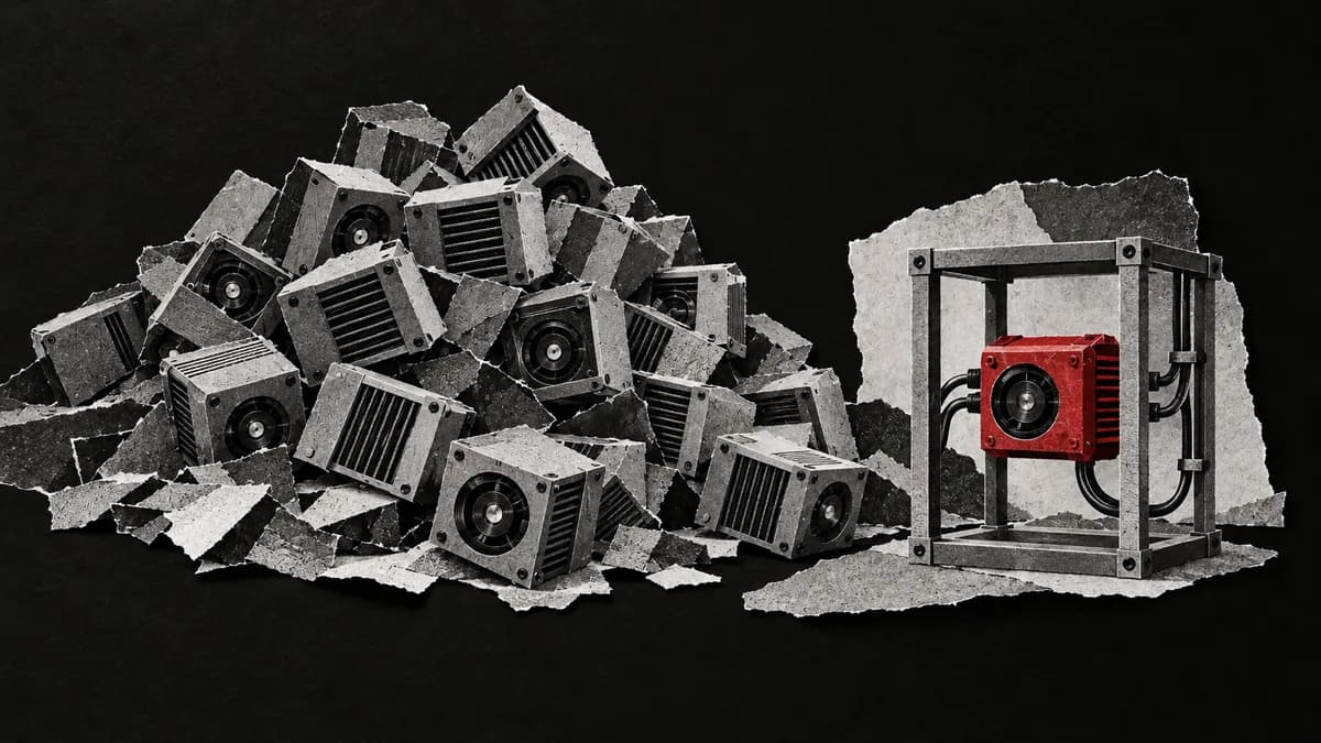 A black-and-white paper collage of a large heap of identical grey machine modules lying unconnected, and beside it a small metal frame holding a single red module connected by pipes, showing the difference between tools bought without a strategy and one chosen use case that actually works
