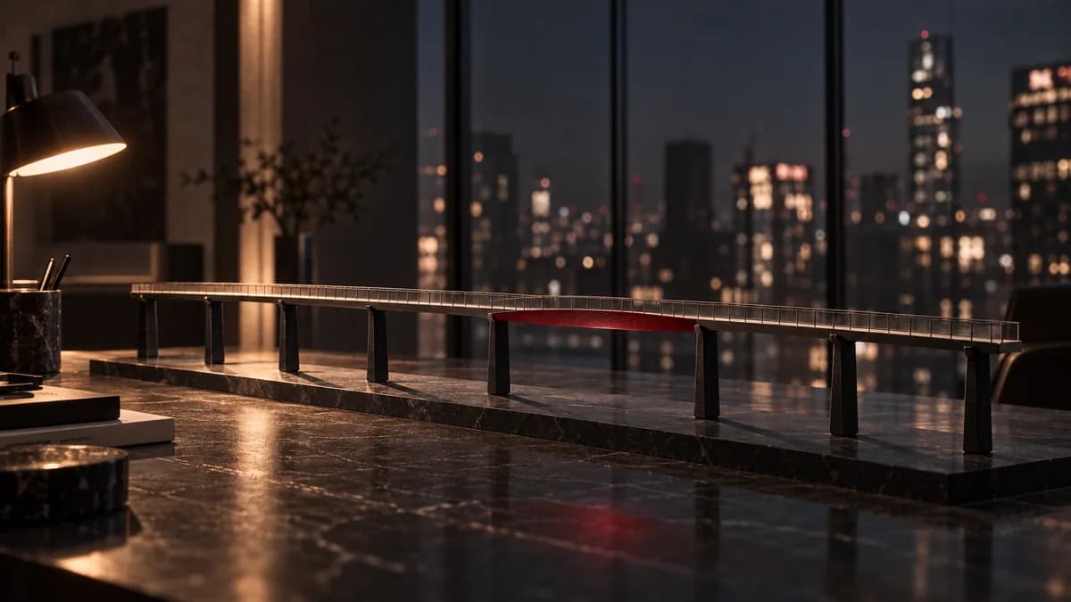 An architectural model of an elegant footbridge whose deck looks complete, except for one red middle span that sags with no pier beneath it, representing an attractive offer that hides a missing foundation