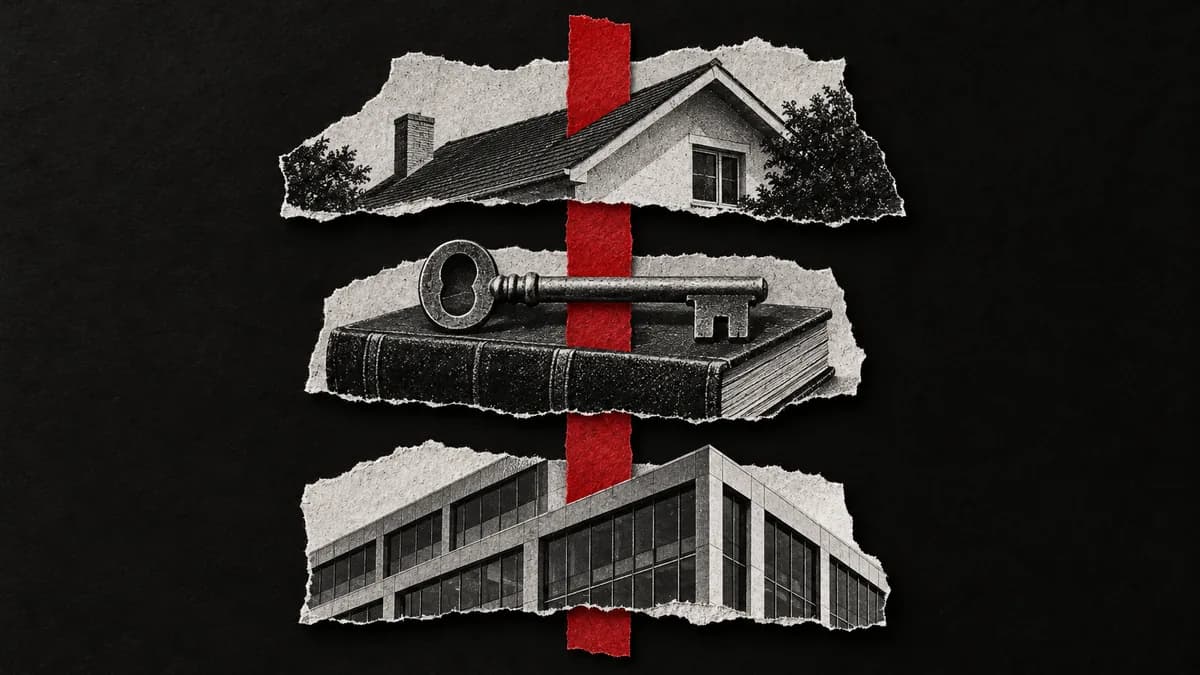 A black-and-white paper collage of three separate tiers: a family house roof at the top, an old key on a closed ledger in the middle, an office building facade at the bottom, with one red strip running through all three, representing family, ownership and management kept apart but held by one framework